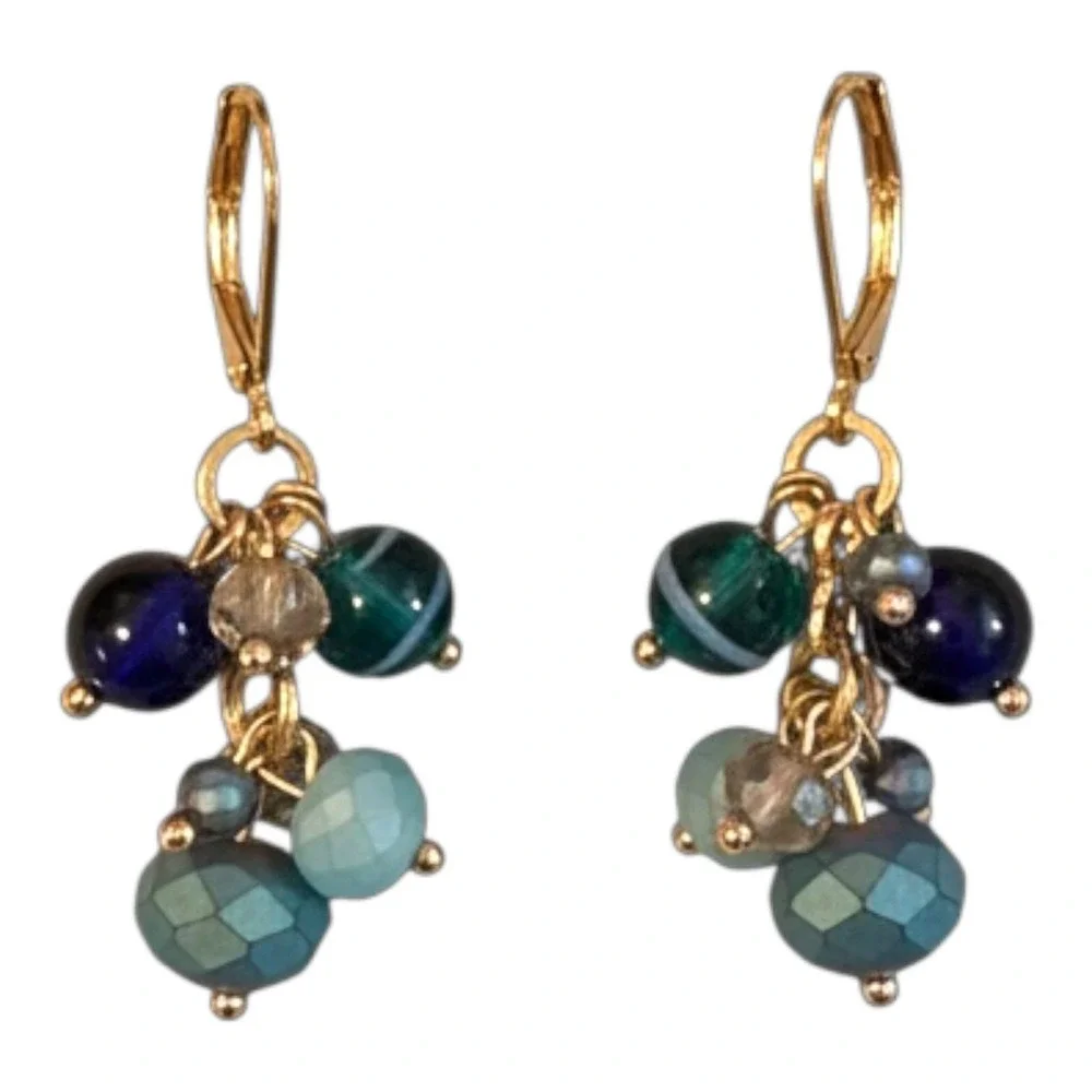 Vintage Sample One of a Kind Beaded Cluster Dangle Earrings Blue Green Gold New